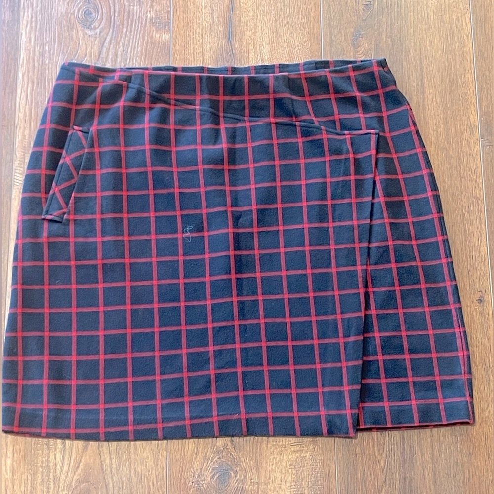 J Jill Womens A Line Skirt Black/Red Windowpane Stretch Mini Faux Wrap XL